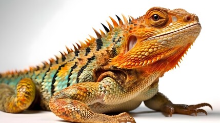 Obraz premium Vividly Colored Bearded Dragon Basking, Intense Orange and Brown Hues with Sharp Spines on a Soft White Background in a High Resolution Portrait