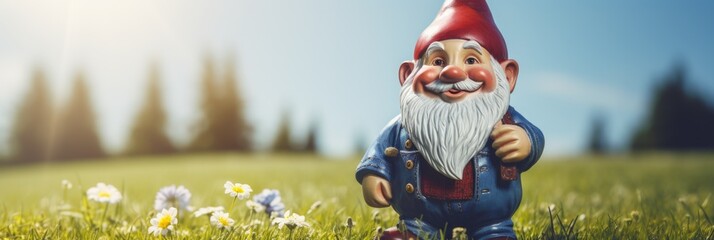 Funny garden gnome on a green meadow