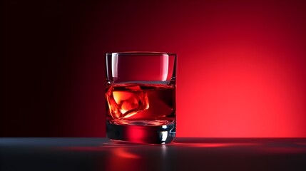 Whiskey or liquor on the rocks in a clear glass against a vibrant red background highlighting the amber liquid's glow