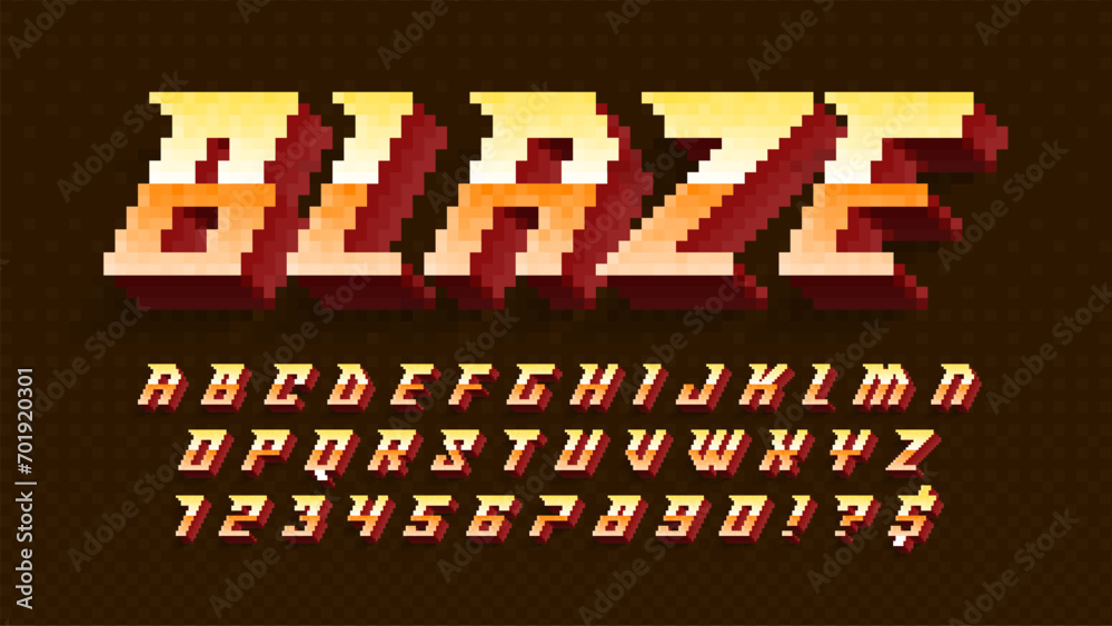 Poster dynamic pixel alphabet design, stylized like in 8-bit games. high contrast and sharp, retro-futurist