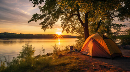 A tent is set up on the bank of a river