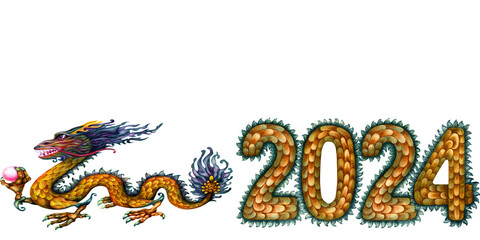 Watercolor border with green wooden dragon with magic pearl and numbers 2024 hand drawn with dragon scale texture. Lunar New Year symbol illustration elements isolated on white background