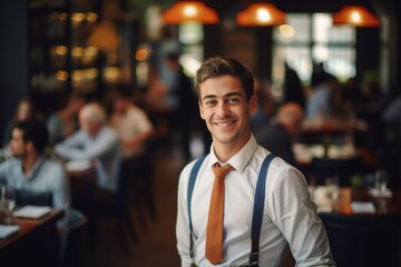 Fototapeta premium happy man waiter in restaurant, cafe or bar