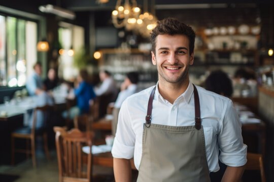 happy man waiter in restaurant, cafe or bar