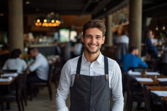 happy man waiter in restaurant, cafe or bar
