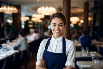 happy woman waiter in restaurant, cafe or bar - obrazy, fototapety, plakaty