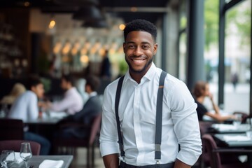 happy african american man waiter in restaurant, cafe or bar