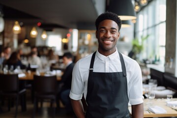 happy african american man waiter in restaurant, cafe or bar