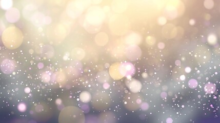Abstract cream yellow, gold, purple background with blurry bokeh festival lights and glow particle. outdoor joy celebration holiday excitement concept. gleam glitter shiny glamour illustration.