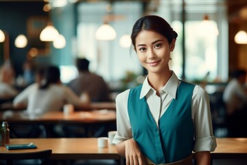 happy asian woman waiter in restaurant, cafe or bar