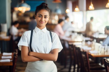 Obraz premium happy indian woman waiter in restaurant, cafe or bar