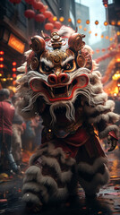 Fototapeta na wymiar Dragon and lion dance show in Chinese New Year festival. Holiday celebration concept.