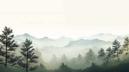 Minimalist Mountain Forest Landscape Wallpaper, Simple Nature Illustration and Tranquil Backdrop, Pine and Spruce Tree Wilderness