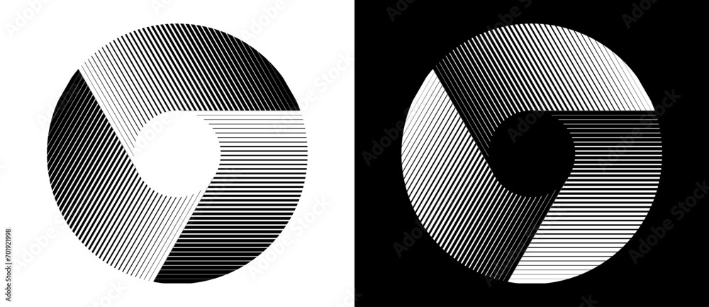 Poster Abstract background with lines in spiral. Art design circle concept with 3 segments. Black lines on a white background and white lines on the black side.