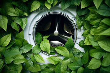 Washing machine with green leaves in it. Eco cleaning, eco friendly washing concept. Environmentally friendly bio natural home cleaning. Plants near modern washing machine. Spring cleaning theme. - obrazy, fototapety, plakaty