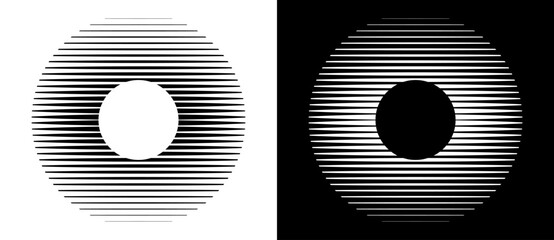 Transition parallel lines in circles. Abstract art geometric background for logo, icon, tattoo. Black shape on a white background and the same white shape on the black side.
