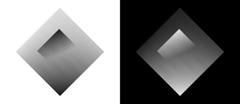 Art lines design element. Striped rhombus as logo or icon on black background. Black shape on a white background and the same white shape on the black side.