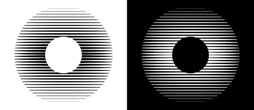 Transition parallel lines in circles. Abstract art geometric background for logo, icon, tattoo. Black shape on a white background and the same white shape on the black side.