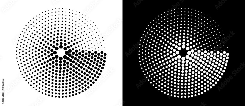 Poster Abstract background with halftone dots in circle. Art design circle as logo or icon. A black figure on a white background and an equally white figure on the black side.