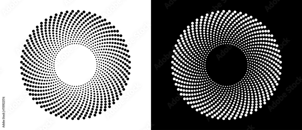 Poster Abstract background with halftone dots in circle. Art design circle as logo or icon. A black figure on a white background and an equally white figure on the black side.