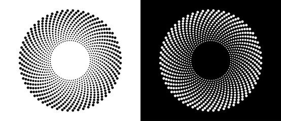 Abstract background with halftone dots in circle. Art design circle as logo or icon. A black figure on a white background and an equally white figure on the black side.
