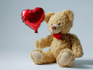 teddy bear with a red balloon heart on a light background