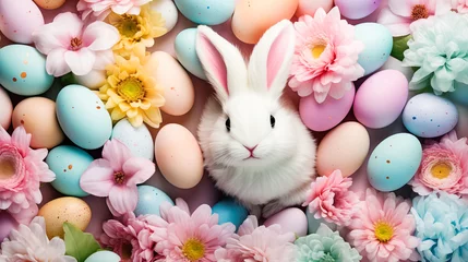 Fotobehang Colorful easter eggs, flowers and cute bunny © losvectoresdemaria