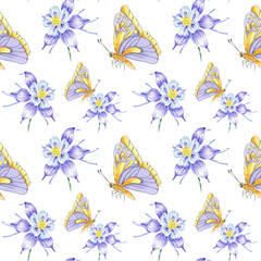 Watercolor seamless pattern flower butterfly anemone hand drawn botanical style. Art print for wallpaper, textile, wrapping paper, scrapbooking design
