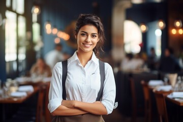 happy indian woman waiter in restaurant, cafe or bar