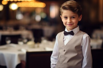 happy child boy waiter in restaurant, cafe or bar