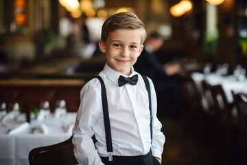happy child boy waiter in restaurant, cafe or bar