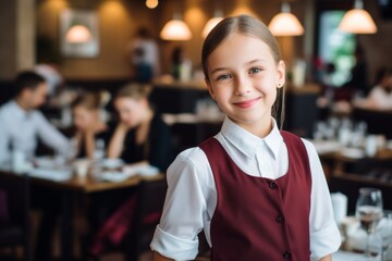 happy child girl waiter in restaurant, cafe or bar