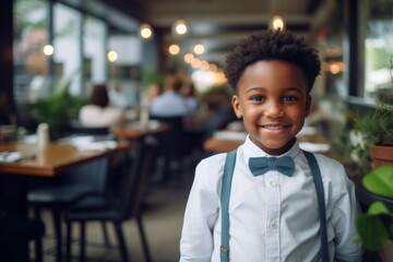 happy african american child boy waiter in restaurant, cafe or bar