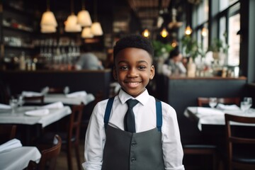 Fototapeta premium happy african american child boy waiter in restaurant, cafe or bar