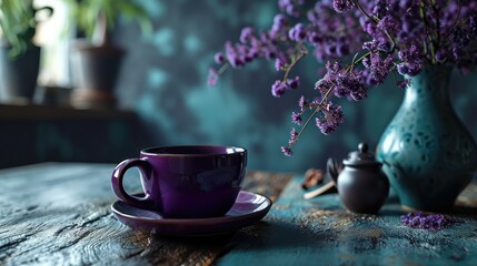 mockup showcases the cup in a visually pleasing setting, allowing the dark violet color to stand out  - obrazy, fototapety, plakaty
