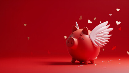Red piggy bank with white angelic wings as a cupid, on solid red background. Heart shaped confetti flying in air - obrazy, fototapety, plakaty