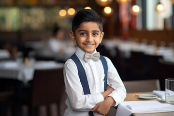 happy indian child boy waiter in restaurant, cafe or bar - obrazy, fototapety, plakaty