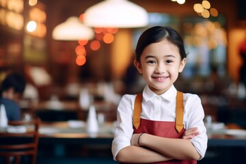 happy asian child girl waiter in restaurant, cafe or bar