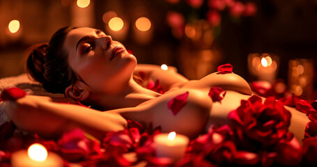 Romantic Petal Spa: A Woman Enjoys Valentine's Day Pampering at the Spa - Love, Romance, and Relaxation Unite in a Special Moment Surrounded by Rose Petals.





