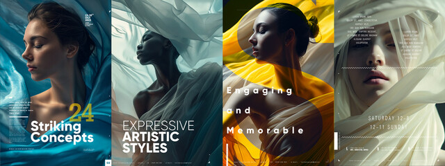 Artistic fashion poster set with models and flowing fabrics creating dynamic visuals. - obrazy, fototapety, plakaty
