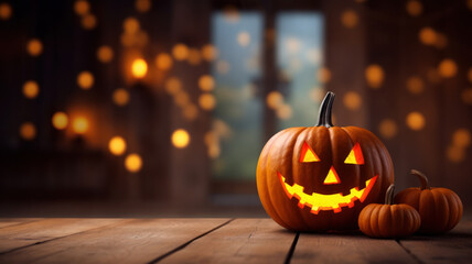 Fototapeta premium Halloween Pumpkin with Glowing Eyes, Forest Sunset Halloween Scene