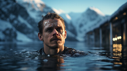 Portrait of a man hardening himself in frozen winter river.