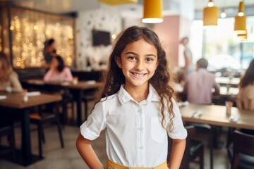 happy indian child girl waiter in restaurant, cafe or bar - obrazy, fototapety, plakaty
