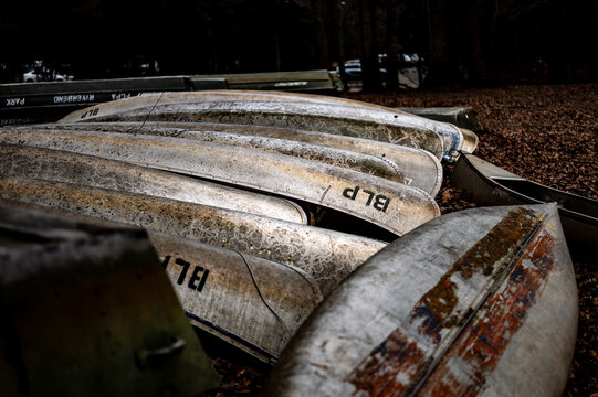 Rows of rental canoes