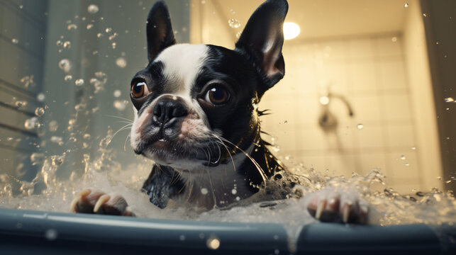 Picture of a Boston Terrier taking a bath