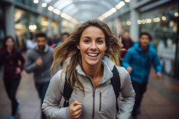 happy woman running on the background of a crowd of people