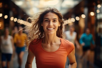 Fototapeta premium happy woman running on the background of a crowd of people