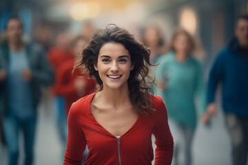 happy woman running on the background of a crowd of people - obrazy, fototapety, plakaty