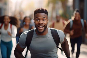 happy african american man running on the background of a crowd of people - obrazy, fototapety, plakaty