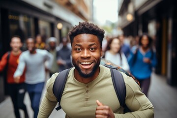 happy african american man running on the background of a crowd of people - obrazy, fototapety, plakaty